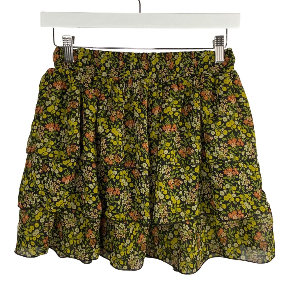 Mimi Chica Floral Tiered‎ Ruffle Mini Skirt Womens Size S Black Yellow Boho